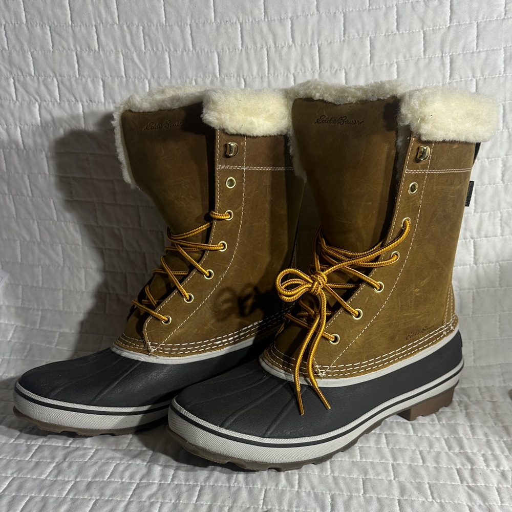Eddie Bauer Brown and Black Insulated Duck Boots with Shearling Collar